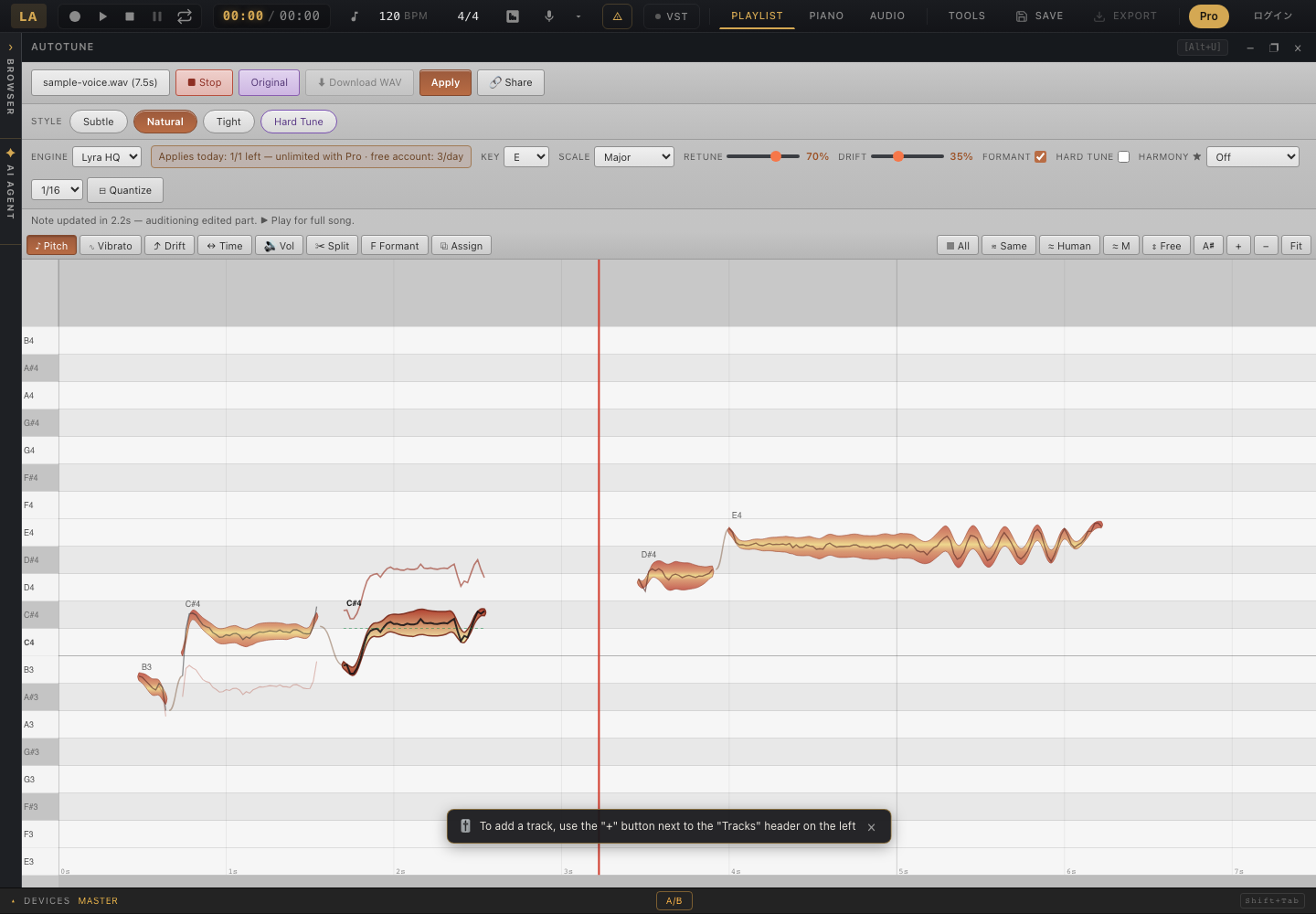 Actual sample notes being moved up and down in the Lyra HQ pitch editor