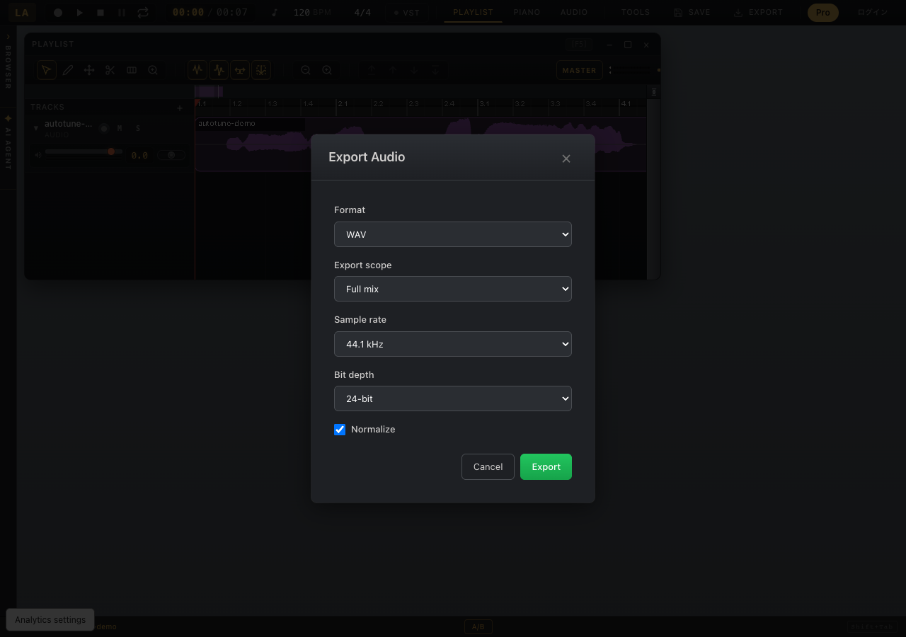 DAW Export dialog with WAV, Full mix, 44.1 kHz, 24-bit, and Normalize controls