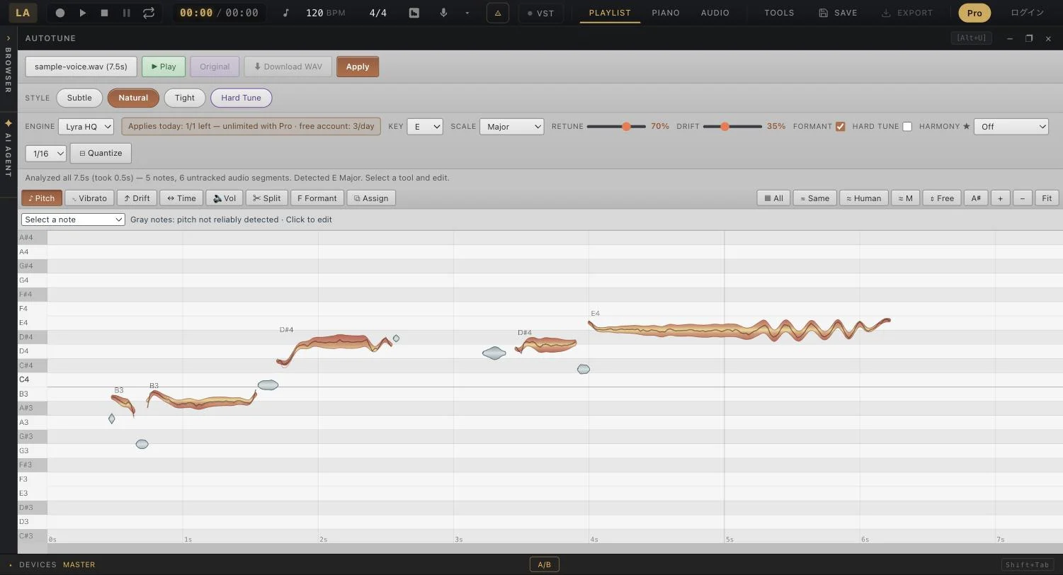 Autotune editor showing detected vocal notes as editable pitch curves on a piano-roll grid