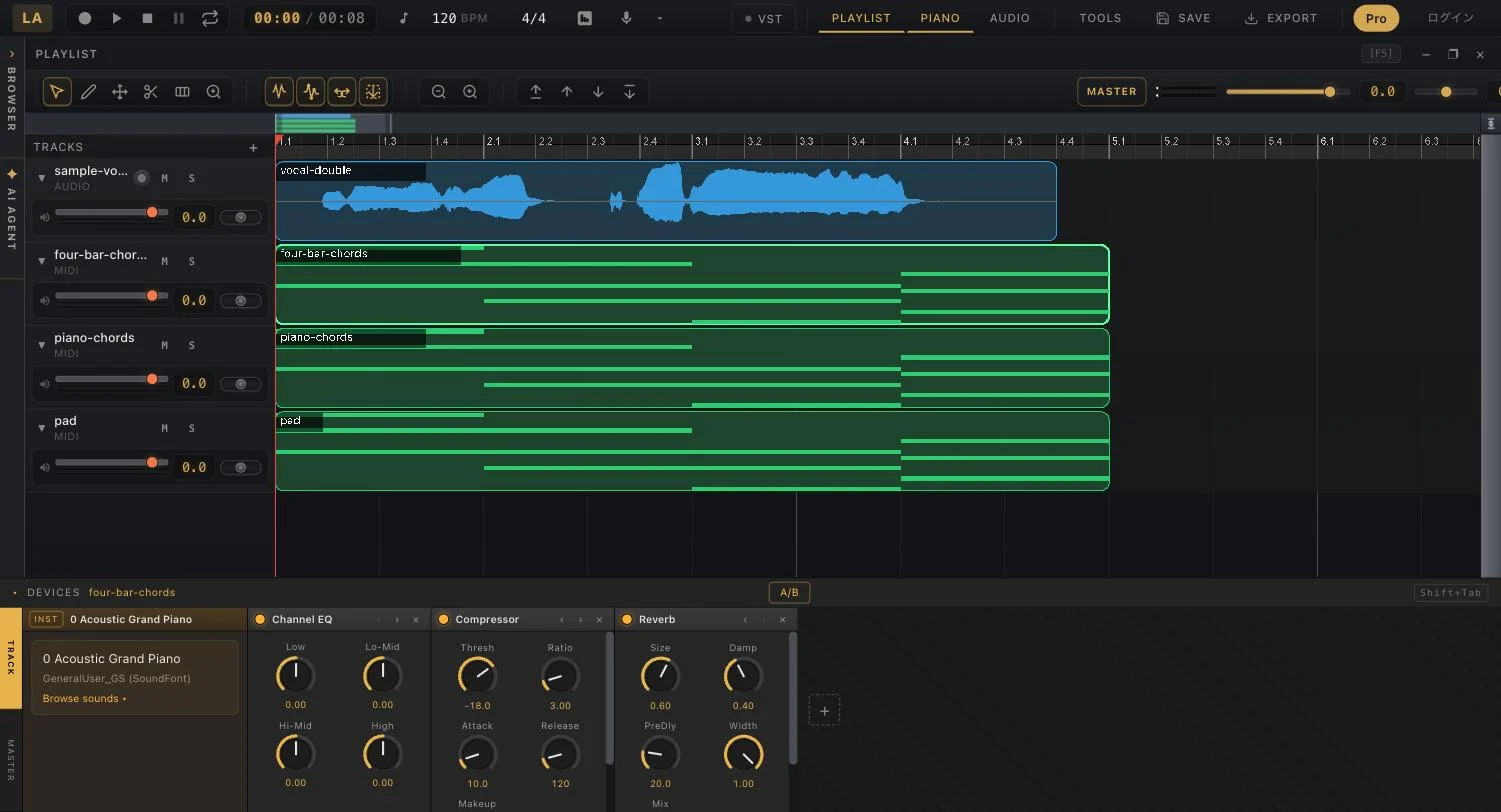 LA Studio DAW: multitrack playlist with audio and MIDI tracks, and the device rack showing a piano instrument, EQ, compressor and reverb