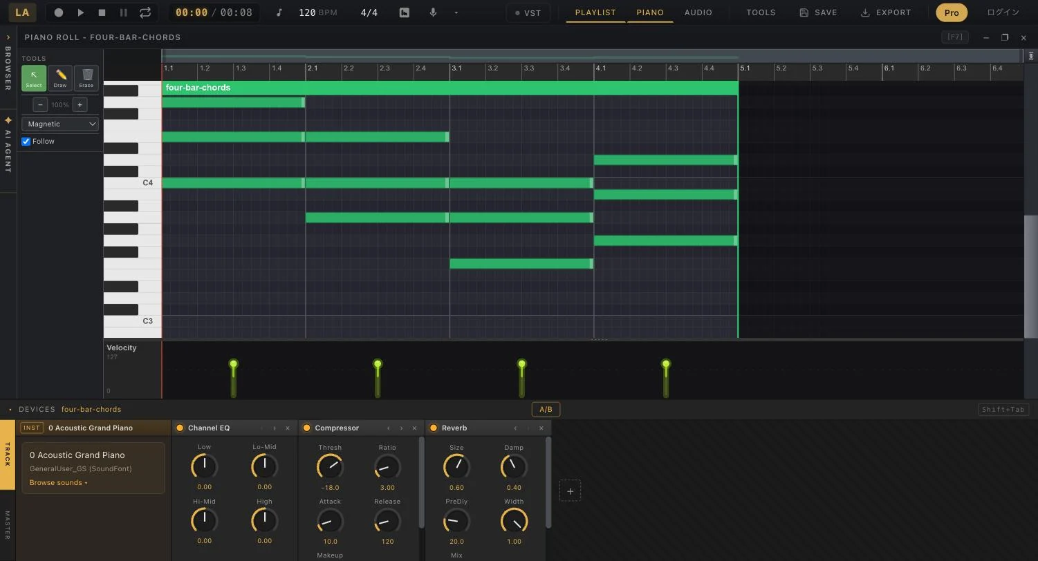 Piano roll with chord notes and the device rack below showing Acoustic Grand Piano, Channel EQ, Compressor and Reverb