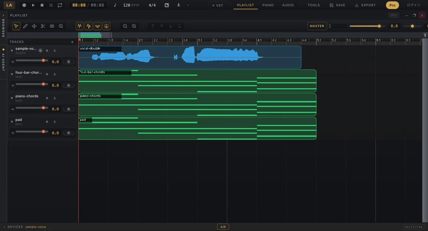 Playlist view with a vocal audio track and three MIDI tracks arranged on a bar grid